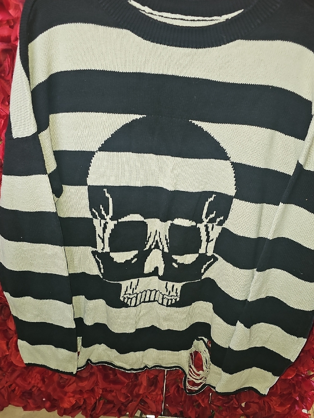 Iron Fist Black and Cream Striped Skull Ripped Crewneck Sweater Size Large